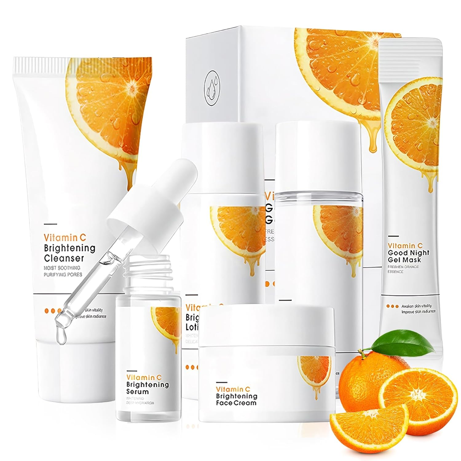 5-Piece Vitamin C Face Set Face Care Set Consists of Cleansing Milk Facial Toner Serum Cream and Moisturiser Contains 20 Sheet Masks Suitable for Day and Night Care