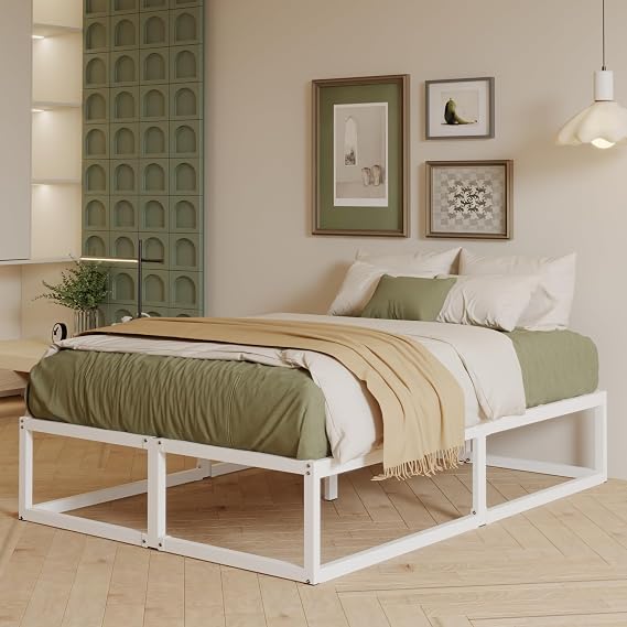 EMODA Double Bed Frame 36cm High with Steel Slats Support, White