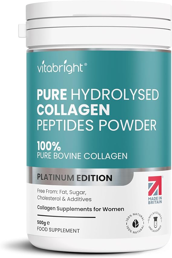 Bovine Collagen Powder 500g | 50 Servings | Highly Bioavailable Hydrolyzed Collagen Supplements for Women | Bovine Pure Peptides Powder High Strength Supplements for Women & Men | VitaBright