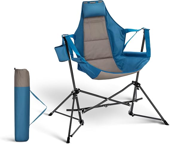 HIGH POINT SPORTS Hammock Camping Chair, Adjustable Back Swinging Chair, Folding Outdoor Rocking Chair, Heavy Duty Portable Camp Chair with Cup Holder and High Back for Adults, Blue