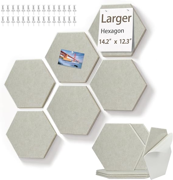 BXI Large Hexagon Felt Bulletin Board - 14.2 X 12.3 X 0.4 Inches 6 Pcs Self-Adhesive Poster Cork Board 30 Push Pins, Pin Tiles Display Vision Board, Photo Picture Panels for Home Office Classroom