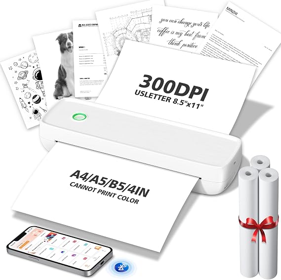MinZhi Portable Thermal Printer,Wireless Supports 8.5" X 11"US Letter&Legal,A4&A5 Paper,Bluetooth Inkless Travel Compatible with Android iOS & Laptop for Office Travel Home