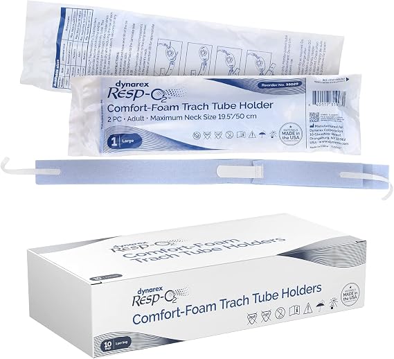 Dynarex Comfort-Foam Tracheostomy Tube Holder - with Soft Foam Tube Padding & Secure Hook & Loop Closure, Supports & Stabilizes Airflow - Tracheostomy Supplies - 2 Piece, Large, Box of 10