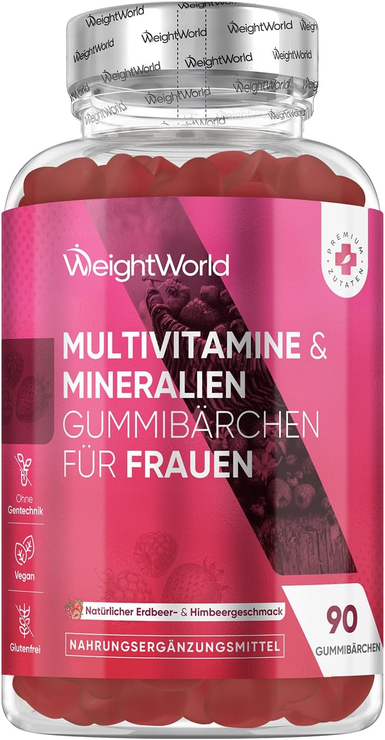 Multivitamin Gummies for Women - With Omega 6 9 Zinc Calcium Vitamin C Hyaluron CoQ 10 B12 Biotin - 90 Vegan Gummy Bears - Strawberry & Raspberry Flavour - Multivitamin Complex - WeightWorld