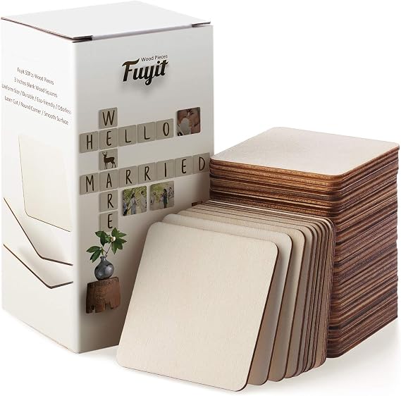 Fuyit Unfinished Wood Pieces, Blank Wooden Squares for Crafts | 50pcs 3x3 inch wood boards, Natural blank surface, Painting & lettering, DIY crafts, Scrabble tiles, Coasters & Signs