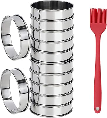 12 Pieces English Muffin Rings - 43 12 Inch Tart Rings, Stainless Steel Rolled Edge Ring Molds Crumpet Rings Round Metal Cooking Pastry Ring Molds for Dessert Muffin Baking Molds