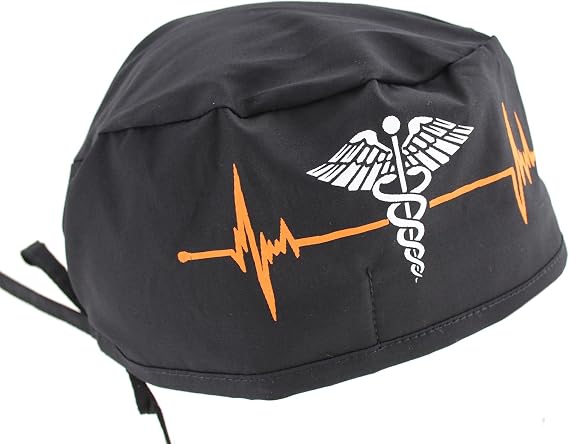 Black Heart Beat EKG & Caduceus Symbol Scrub Cap Hat