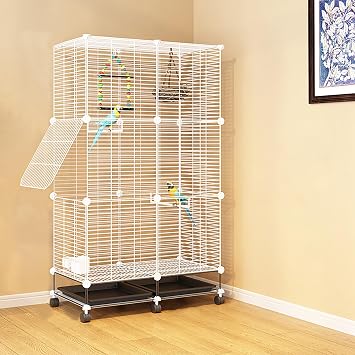 49 Inch Wrought Iron Bird Cage, 3 Tiers Indoor Bird Cage Stand with 2 Trays & Feeders and Waterers, Movable Large Freestanding Birdcage with 6 Universal Wheels for Canaries, Parrots, Sparrows - Iron