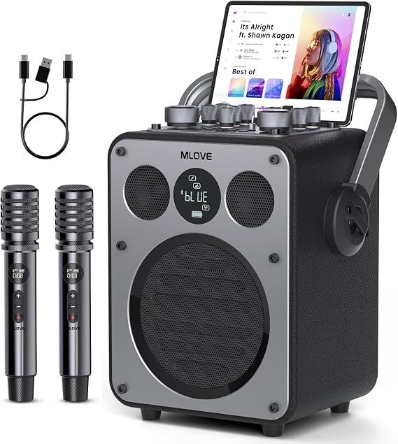 MLOVE D5 Portable Karaoke Machine with Bluetooth and 2 Wireless Microphones for Adults, Professional PA System, 200W Party Speaker, Recording, Reverb, Guitar Amplifier, Aux, USB, TF Card, Black