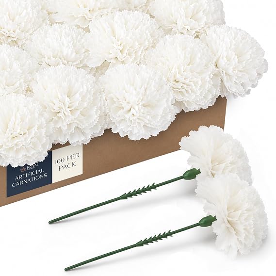 Royal Imports Artificial Carnations, Silk Faux Flowers, for Funeral Arrangements, Wedding Bouquets, Cemetery Wreaths, DIY Crafts - 100 Single 5" Stems - White