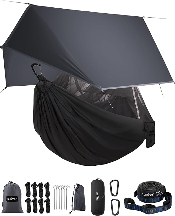 Sunyear Camping Hammock with Net and Hammock Tent Rain Fly Bundle - Perfect for Hiking, Backpacking, Outdoor Sleeping and Camping Survival