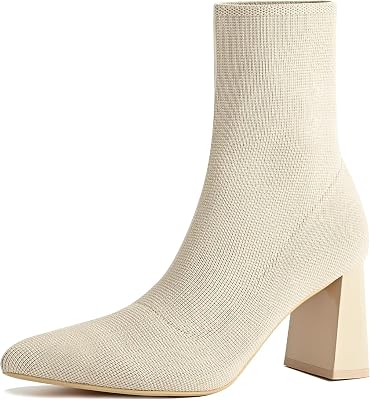 Knit Ankle Boots for Women Chunky Block Heel Chelsea Boot Stretchy Breathable Knit Sock Booties for Fall Slip On Comfortable Winter Bootie 2024 Trendy