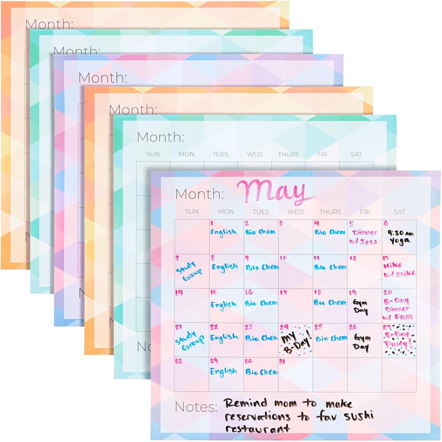 Paper Junkie 6-Pack Undated Monthly Adhesive Peel and Stick Calendar, Dry Erase Reusable Calendar for Wall, Home Office Schedule Reminders, Memo Notes, 3 Assorted Colors 13.75x12.8 in