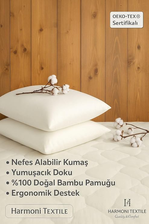 Harmoni Textile%100 Doğal Bambu Pamuk Dolgulu Yastık, Beyaz, 50x70 cm, OEKO-TEX Sertifikalı, Ergonomik Destek, 2'li Paket