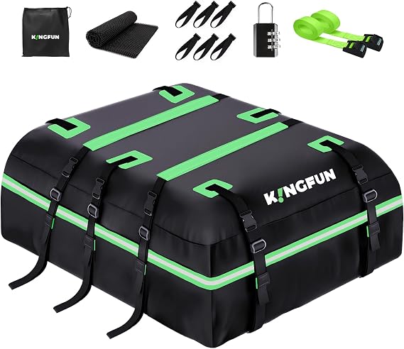 Kingfun Rooftop Cargo Carrier Waterproof 21 Cubic Feet Car Roof Bag Fit All Vehicles with/Without Roof Rack, Includes Anti-Slip Mat, 8 Reinforced Straps & 6 Door Hooks, Lashing Straps, Luggage Locks