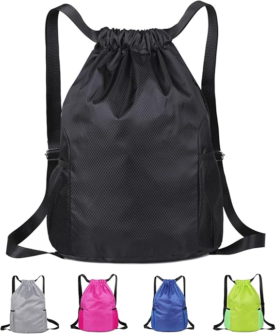 Drawstring Bag, Unisex Large Sports Backpack String Drawstring PE Bags, Sport Gym Sack have Two Side Pockets, Waterproof Travel Beach Swim School Bag