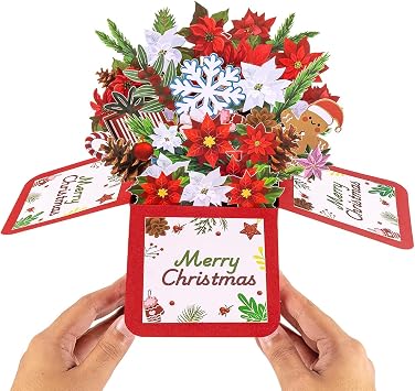 Christmas Flowers Bouquet Cards - Poinsettia Plant, 3D Christmas Gift Box, for Xmas Holiday, Includes Envelope.