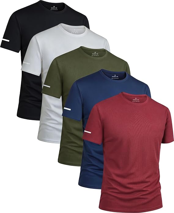 5 Pack Workout Shirts for Men Short Sleeve Athletic T-Shirt | Reflective Design, Moisture wicking, Breathable, Premium Waffle Grid Fabric, Gym Tees for Daily Training Casual Athletic Wear