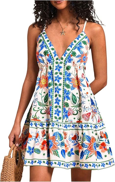 OYOANGLE Tropical Dresses for Women Floral Flowy Short Dress Boho Sundress