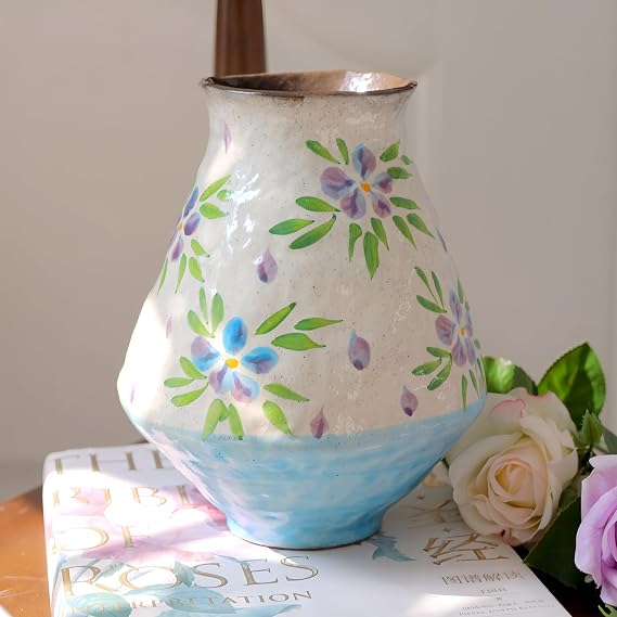 Hand-Painted Ceramic Vase for Flower Arrangements, Elegant Water Culture Planter with Floral Motifs, Home Decor for Living Room, Tabletop, Office Desk Decoration (Small)
