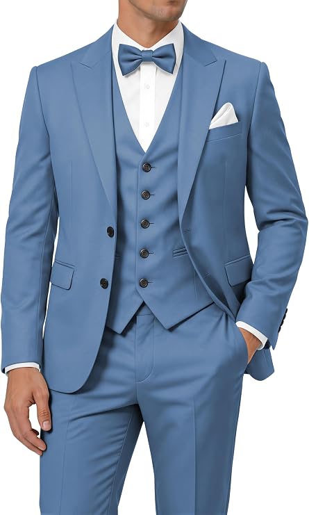 Wangyue Mens Suit 3 Piece Slim Fit Suit Wedding Prom Tuxedo Formal Business Suits Blazer Vest Pants Set