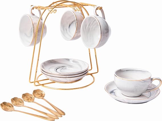 Ceramic Espresso Cups Set with Saucers and Metal Stand, 4 oz Porcelain Stackable Cappuccino Cups Teacup For Tea, Espresso, Latte, Coffee, Cafe Mocha(Gray)