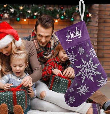 Personalized Purple Christmas Stocking Purple Silver Snowflakes Stocking with Name Custom 17.52 x 7.87 Inch Bags Xmas Decoration Stars Ice Crystal Print