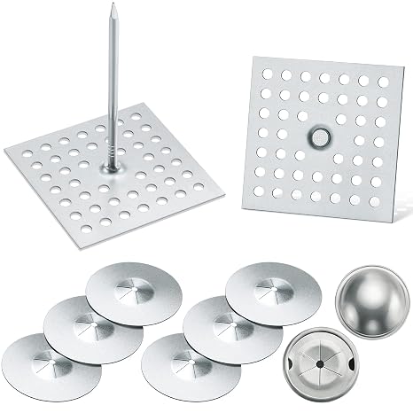 Hotop 50 Sets Perforated Insulation Pins 2-1/2 Inch, 1.5 Inch Self Locking Washers Round, 7/8" Aluminum Insulation Dome Cap Washers for Wall and Ceiling