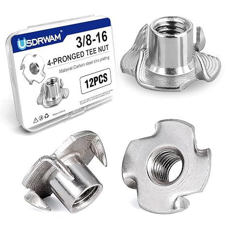 12 Pack 3/8"-16 T Nuts for Wood, Zinc-Plated Carbon Steel 4-Prong Tee Nuts for Furniture, Cabinets, and Rock Climbing Holds