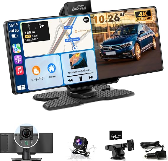 Wireless Portable Carplay Screen for Car - 10.26Inch Carplay & Android Auto Car Touch Stereo, with 4K Dash Cam, Backup Camera,Bluetooth,GPS Navigation