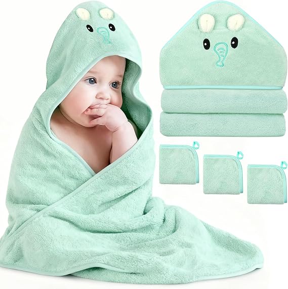 4 Baby Towel Set, Hooded Bath Towel for Newborn Bath Essentials (Elephant)
