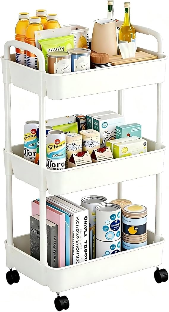Multibao 3 Tier Storage Trolley Cart on Wheels with Handle Kitchen Bathroom Laundry Narrow Space Rack Space-Saving Mobile Shelving Organizer L35cm x W24cm x H68cm (White)
