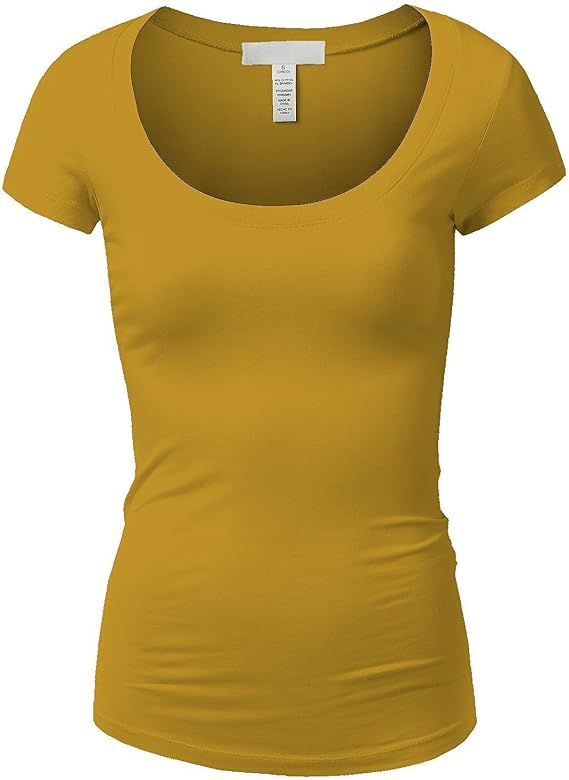 Active Basic Womens Plain Basic Deep Scoop Neck with Cap Short Sleeves