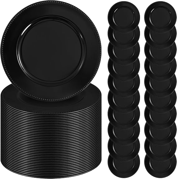 50 Pcs Black Charger Plates 13" Round Beaded Plate Chargers for Dinner Plates Decorative Black Chargers Plastic Charger Plates Bulk for Wedding Party Event Baby Bridal Shower Table Decoration