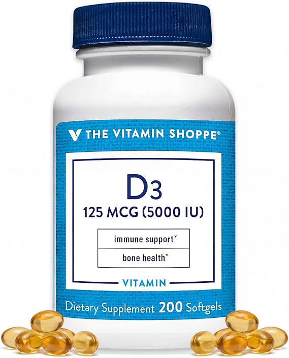 The Vitamin Shoppe Brand Vitamin D3 5000 IU Supplement, 200 Softgels | Bone, Immune, and Cellular Health Support for Men and Women, Gluten Free, Dairy Free