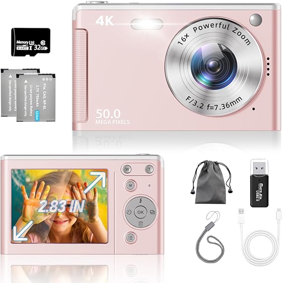 Digital Camera Improved UHD 4K 50MP Camera Camera 16X Digital Zoom Anti-Shake 2.83 Inch Screen 2 Large Batteries Retro Portable Vlog Camera for Children Students Beginners (Pink)