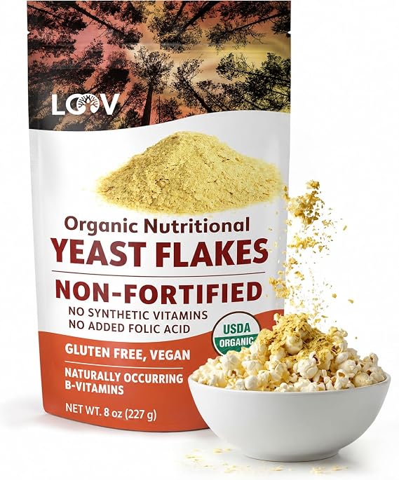 LOOV Organic Non-Fortified Nutritional Yeast Flakes - Vegan, Gluten Free, Non-GMO Unfortified Nooch - Good Source of Natural B-Vitamins - No Added Salt or Sugar - Resealable Bag, 8 Ounces (227 Grams)