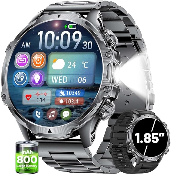 Militrary Smart Watch for Men,1.85" HD/800mAh Battery Smart Watches for Android/iOS (Bluetooth Call Answer/Calls)Fitness Tracker,Flashlight/IP68 Waterproof/100+ Sports/Sleep Tracker Smartwatch Large