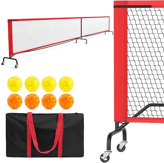 Henkelion Portable Pickleball Net with Wheels, 22 FT Regulation Size/11 FT Half Court, Weather Resistant Metal Frame and Strong PE Net with Carry Bag and Pickleballs, for Driveway Garages - Black Red
