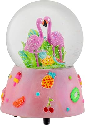 Elanze Designs Wind Up Musical 80MM Sturdy Polyresin Glitter Water Snow Globe Magical Whimsical Tabletop Dresser Nightstand Figurine Decoration Pink Summer Flamingo