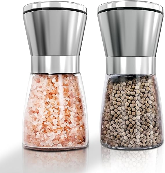 Salt and Pepper Grinder Set, Premium Stainless Steel Sea Salt and Black Peppercorn Mill Set with Adjustable Coarseness