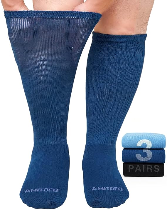 CaiDieNu Diabetic Socks for Men Women: 3 Pairs Knee High Non Binding Wide Hospital Sock for Swollen Feet Edema Bariatric