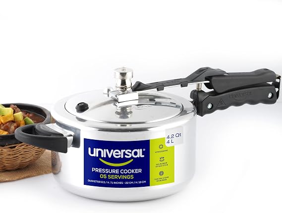 Universal 4.2 Quart Pressure Cooker, Aluminum Pressure Cooker with 5-Layer Safety System, Heat-Resistant Handles, Inner Lid Design, for Beans, Soups, Stews, Meat & Fast Cookin