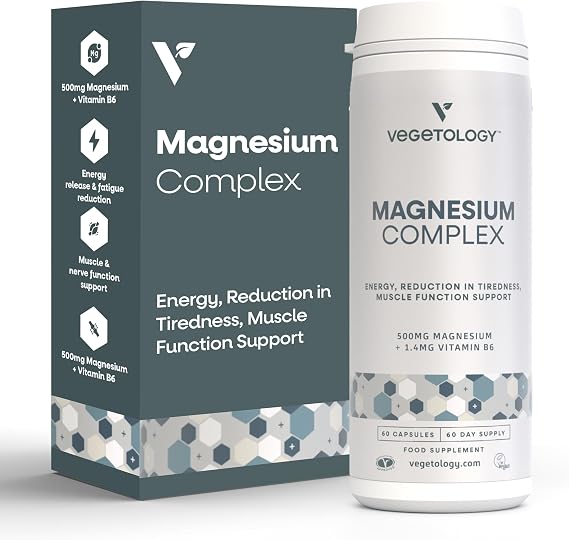 Vegetology Magnesium Supplements with Vitamin B6, 3-in-1 Complex, 60 Vegan Capsules, High Strength, Supports Energy, Muscle Function, and Overall Wellness, Age 11+