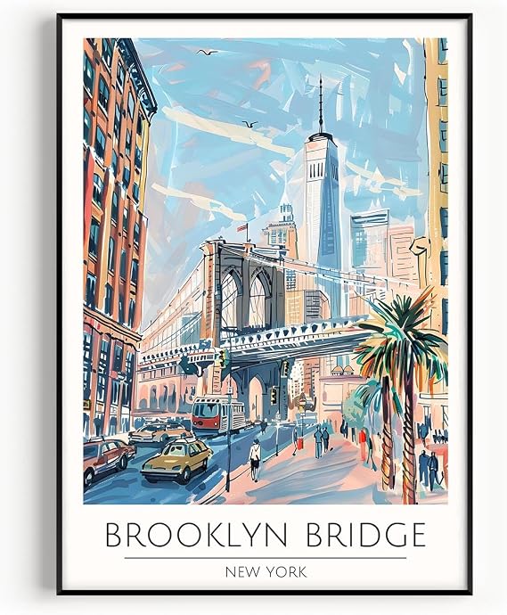 Brooklyn Bridge Travel Poster, Premium Giclee Fine Art Prints - Modern Watercolor Aesthetic Wall Art Decoration, Eclectic Trendy Boho Poster Collage Aesthetic Print for Home Decor, Ready to Frame