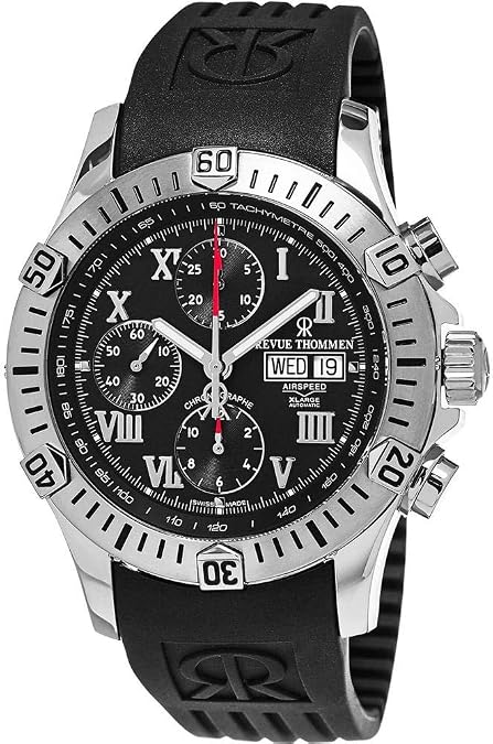 Revue Thommen Airspeed XLarge Automatic Chronograph Dive Watch - 44mm Black Face with Day, Date, Tachymeter Scale and Divers Bezel - Swiss Made Black Rubber Band Waterproof Diving Watch 16071.6837