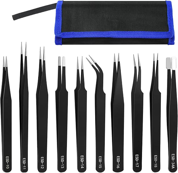 Precision Tweezers Set, ESD Anti-Static Stainless-Steel Tweezers for Crafting, Electronics Watch Repairing, Jewelry Making, Modeling Tools (10 Pcs)