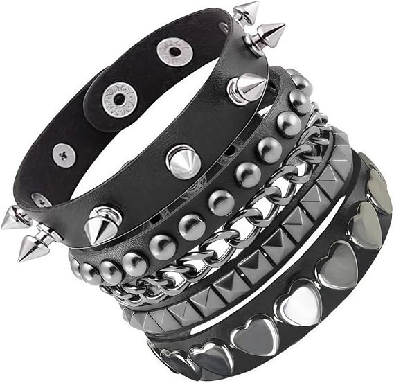 3Pcs Punk Studded Bracelet,Adjustable Punk Rock Spiked Leather Bracelets for Men Women 80s 90s Wristband Black Gothic Bracelet for Halloween Accessories, Cosplay Party Favors