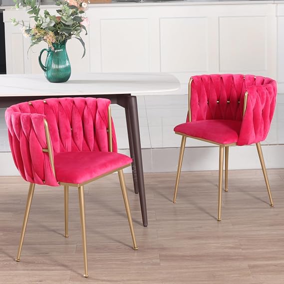 ivoros Velvet Dining Chairs Set of 2, Accent Chairs with Gold Metal Legs, Woven Upholstered Dining Chairs for Living Room/Bedroom/Kitchen(Rose Red)