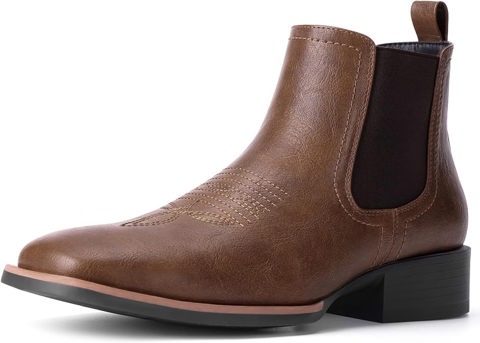 Western Cowboy Boots for Men - Mens Square Toe Chelsea Boots Ankle Cowboy Boots Mens Casual Retro Stylish Boots, Brown, 10.5
